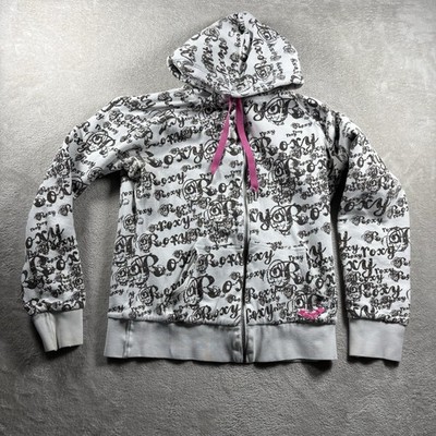 Vintage Roxy Y2K Women s L Spell-Out Hoodie Surf Skate AOP Reversible #1365