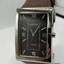 Kenneth Cole Signature Watch Silver Tone Brown Leather Band Quartz Watch 20881