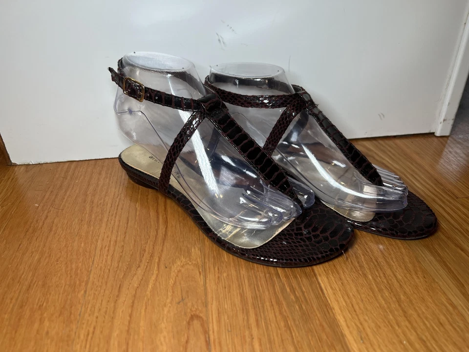 Sandalias planas Ann Marino para mujer talla 7,5 marrón cocodrilo correa en T correa para el tobillo Foto 3 de 4