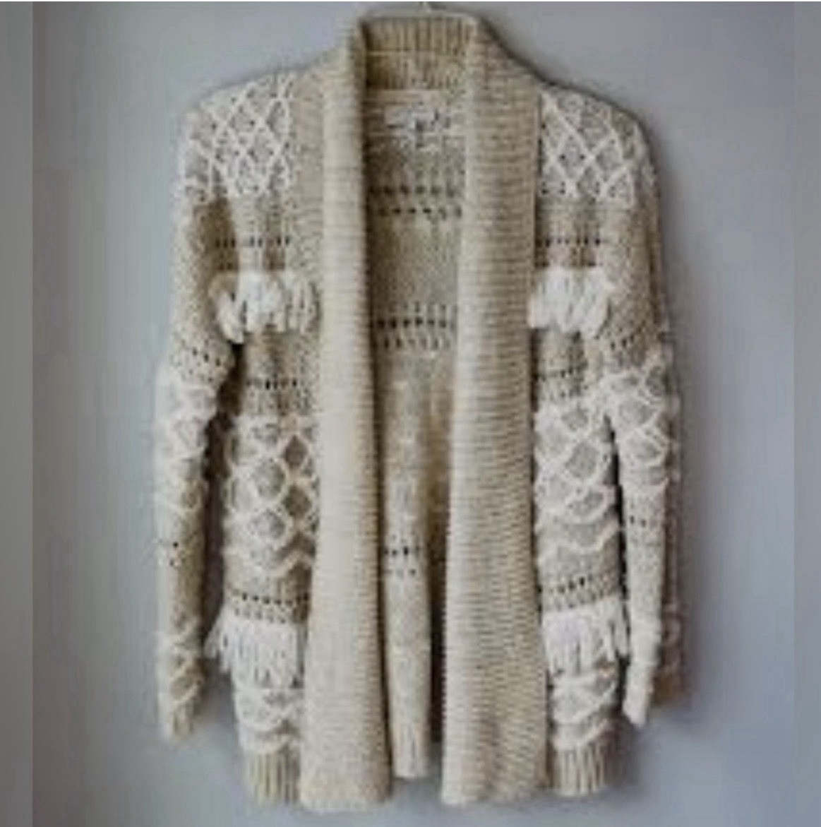 Lucky Brand boho Aztec southwestern earthy chunky knit fringe open cardigan S
