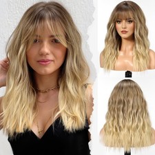 Long Wig with Bangs Synthetic Wavy Wigs for Women Dirty Blonde Color
