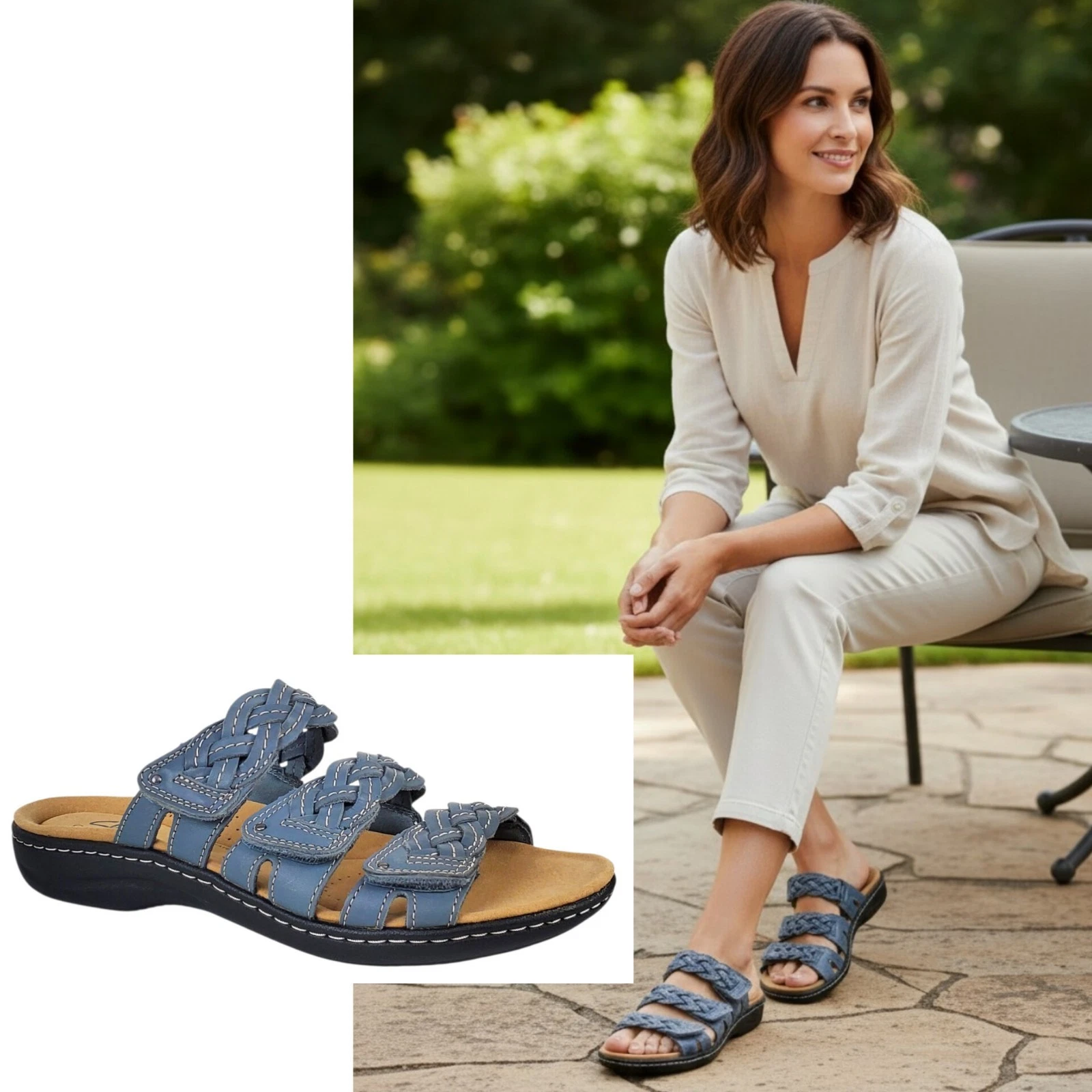Clarks Laurieann Rio strappy sandals blue grey leather adjustable grandma summer
