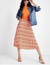 Women’s Future Collective Classic Pleated Midi Skirt Orange Print 10 NWT