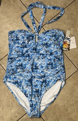 Robert Graham Women s Blue Floral Halter Ruched Swimsuits Padded Sz 16 NWT