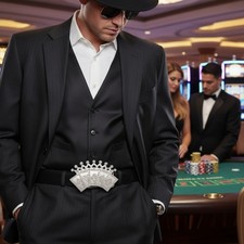 Uomo Donna Metallo Argento Cintura Fibbia Las Vegas Cool Card Giochi Crown Poker