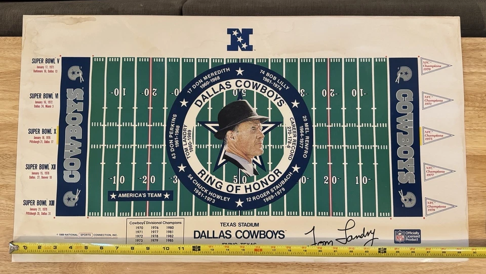 Litografía de fútbol americano NFL Tom Landry firmada automáticamente por Dallas Cowboys 30" por 16,5" 1989 Foto 2 de 4