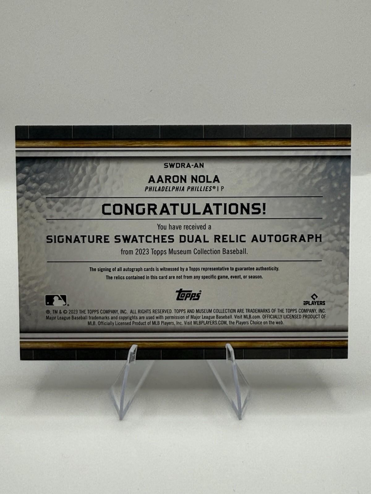 Topps 2023 Museum Collection Aaron Nola #SWDRA-AN Dual Relic Auto /299 Phillies view 3