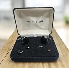 Pronto Uomo Men's Round Black Faux Onyx Silver Tone Cufflinks  Tux Shirt Studs
