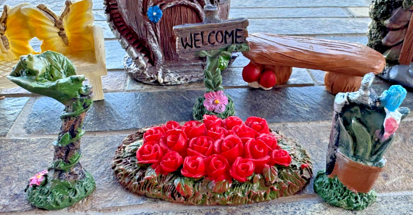 LOT OF 18 FAIRY GARDEN MINIATURES, 3 HOUSES, 2 BENCHES & 13 PEOPLE & ACCESSORIES