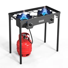 2 Burner Outdoor Propane Gas Stove 150,000 BTU High Pressure Stand Cooker for...