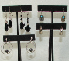 Black & Silver Tone Pierced EARRINGS Lot x 5 Pair: Hoops, Beaded Dangle G42