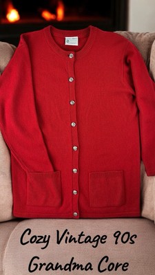 Vtg 90's Laura Ashley LambsWool L Cardigan Sweater Red Pockets BCCHK GrandmaCore