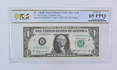 1963 B $1 New York NY FRN Fr#1902-B Gem Unc 65 PPQ PCGS Barr - Image 1 of 3