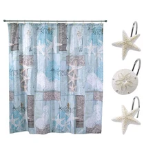 Avanti Linens- Shower Set, Fabric Shower Curtain & 12pc Curtain Hooks, Beach ...