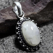 925 Silver Plated Rainbow Moonstone Ethnic Pendant Jewelry Size 1.5" JW