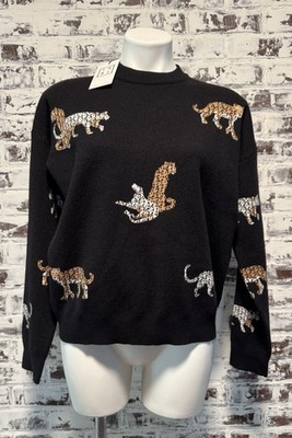 NWT THML BLACK ALL OVER LEOPARD CHEETAH PRINT KNIT SWEATER WOMENS XL $82 ANTHRO
