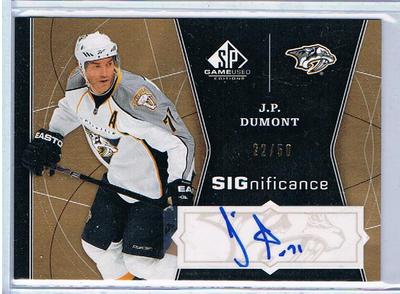 2009-10 J.P. DUMONT UD GAME USED SIGNIFICANCE AUTO #SIG-JD 2009-10 J.P. DUMONT UD GAME USED SIGNIFICANCE AUTO #SIG-JD