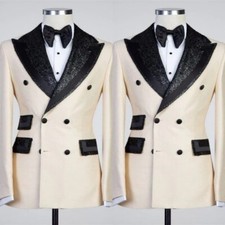 Men's Suits White Paisley Double Breasted Black Peak Lapel Wedding Groom Tuxedos