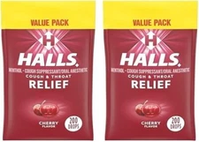 Lot of 2 x Halls Relief Menthol Cough Suppressant Throat Relief Cherry 200 Each
