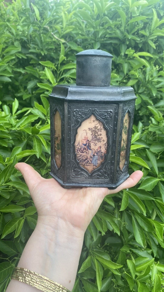 Caddy de chá de vidro pintado reverso chinês do século XIX estanho Swatow City - Imagem 4 de 4