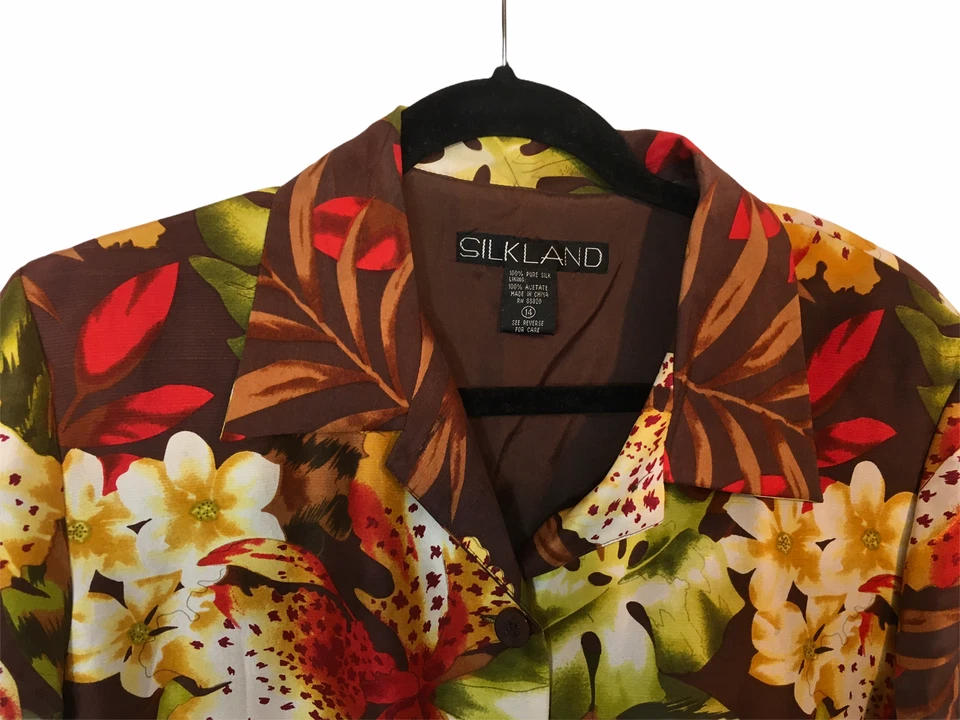 Silkland Woman’s Lined Floral Blazer 100% Silk, Size 14, Button Front, 3/4 Sleev - Imagem 4 de 4