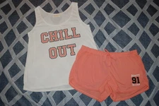 Womens Pajama Set TANK TOP & SHORTS White Peach "CHILL OUT" Beauty Sleep S 4-6