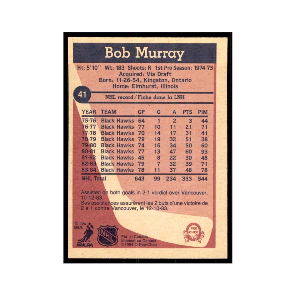 1984 O-Pee-Chee Bob Murray Chicago Blackhawks #41 - Image 2 of 3
