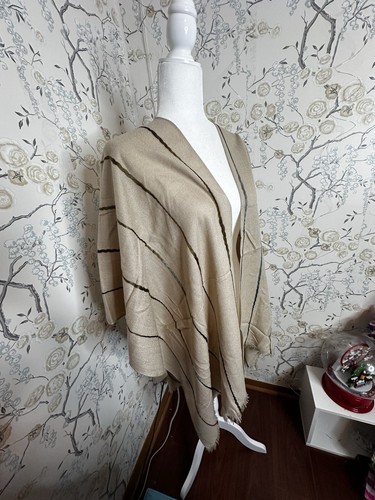 Echo Poncho Wrap Scarf Stripes Cream Fringe Wool - Picture 2 of 5