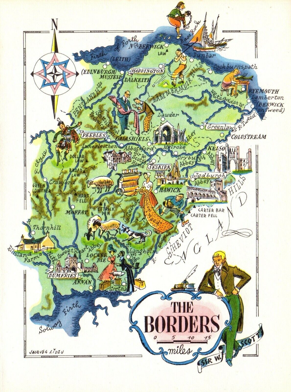 1949 Vintage SCOTLAND Picture Map BORDERS Edinburgh Animated Scotland Map 7813