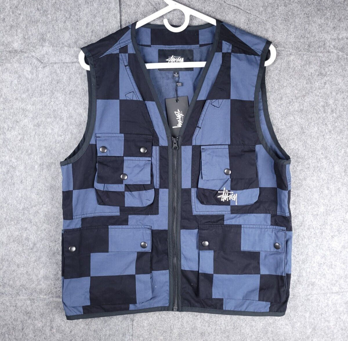Stussy Utility Vest Men's Small Pockets Zip Checkerboard Stussy Utility Vest Men's Small Pockets Zip Checkerboard
