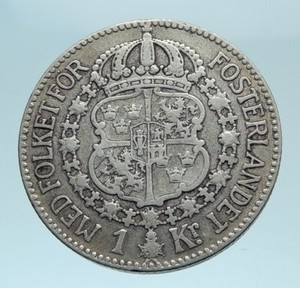 1925-Sweden-GUSTAF-V-Silver-Krona-Crowned-ARMS-Antique-Vintage-Coin-i78296