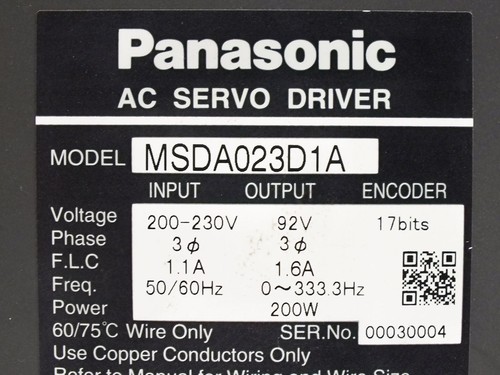 Panasonic MSDA023D1A AC Servo Driver - 208~230 VAC 3-Phase - Output 92V 0-333 Hz - Picture 3 of 6