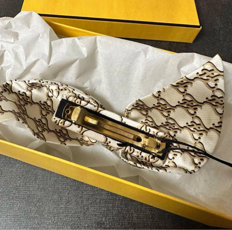 FENDI Ribbon Motif Barrette 100% Silk Beige Tweed Gold Hardware Engraved w/box - Image 3 of 3
