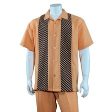 Men's 2pc Walking Suit Short Sleeve Casual Shirt w/ Pants Set 2968 Blue  Rust