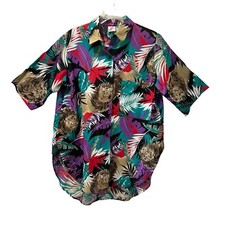 Vintage Just Four Button Shirt Women’s Size XL Lions Palm Floral Funky Unique