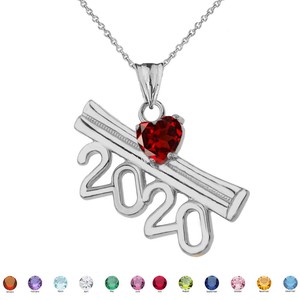 Elegant 14k White Gold 2020 Graduation Diploma Personalized Heart-Shaped Birthstone CZ Pendant Necklace Elegant 14k White Gold 2020 Graduation Diploma Personalized Heart-Shaped Birthstone CZ Pendant Necklace