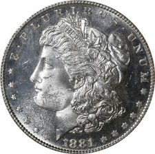 Dólar de plata Morgan 1881-S, graduación profesional MS-64 PL! ¡Increíble moneda! Losa PCGS verde antigua.