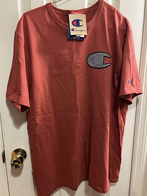 NWT Champion Shirt Mens clay/red Large Logo Short Sleeve 100% Cotton Heavyweight