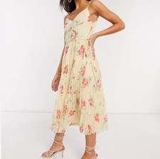 Women's Pleated Sleeveless Floral Midi Dress with Drawstring Waist, Size 8