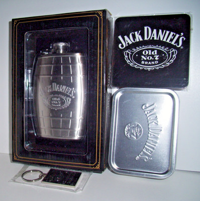 JACK DANIEL'S OLD No7 STAINLESS STEEL 6oz FLASK, PLAYING CARDS, KEYRING, COASTER