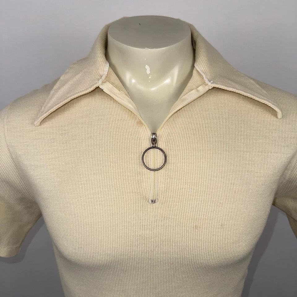 Vtg 60s 70s Zip Shirt Sears Disco Hippy Boho Mod Acrylic Ribbed Knit Mens Large - Image 4 of 4