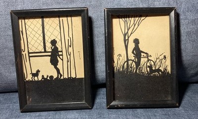 Set 2 Vintage Silhouette Drawings Pictures Framed Signed By Artist 6  By 4 