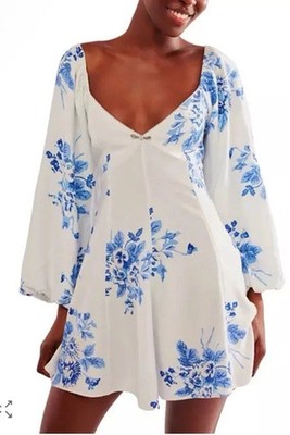NEW Free People Francesca Mini Dress SM Blue white floral sweetheart balloon slv