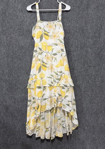 Trixxi Women’s M White/Yellow/Green Lemon Floral Woven Ruffle Midi Dress