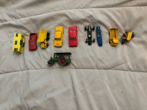 8 Vintage Lesney Matchbox + 1 Dinky Military Motorcycle Lotus Dump Truck Coke