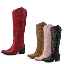 Women Square Toe Low Chunky Heel Knee High Boots Zip Up Western Boots