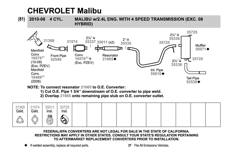 For Chevy Malibu 2008-2010 Walker 52549 Aluminized Steel Exhaust Front Pipe Foto 3 de 4