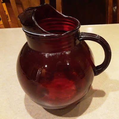Vintage Royal Ruby Red Anchor Hocking Glass Ball Jug Pitcher Ice Lip Hand Blown