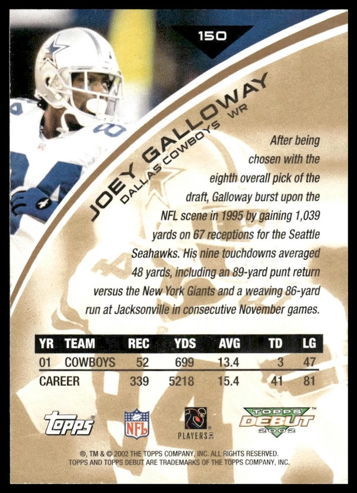 2002 Topps Debut #150 Joey Galloway Dallas Cowboys NM+ - Image 2 of 2