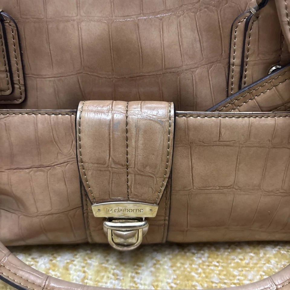Vintage Liz Claiborne Faux Croc Patent tan Handbag Gold Satchel - Image 2 of 4